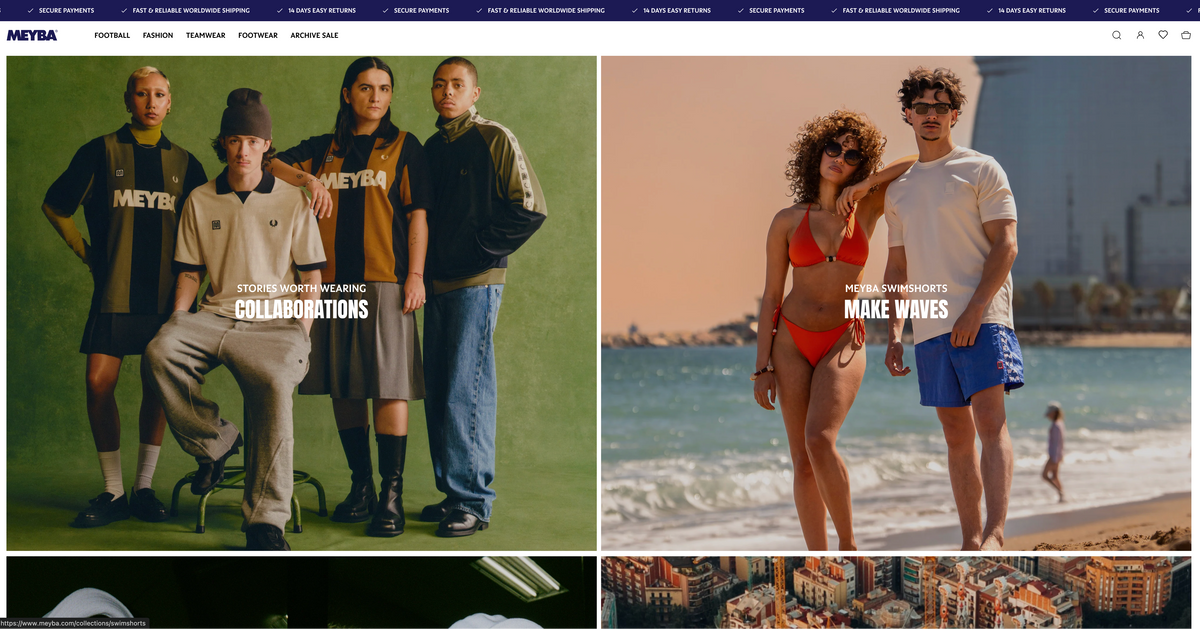 A screenshot of the Meyba website homepage showing two large fashion campaign photos side by side. The left photo features four models in streetwear against a green studio backdrop, and the right photo shows a couple in swimwear on a beach.