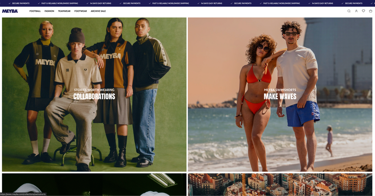 A screenshot of the Meyba website homepage showing two large fashion campaign photos side by side. The left photo features four models in streetwear against a green studio backdrop, and the right photo shows a couple in swimwear on a beach.