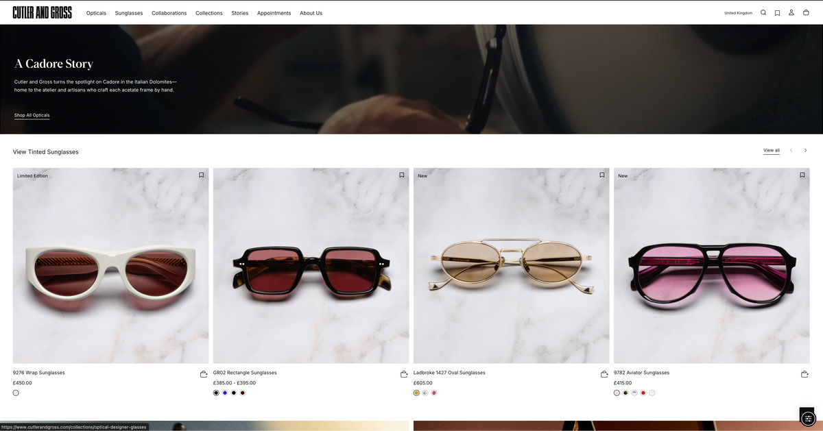 A screenshot of the Clover and Ross online store homepage showing a featured collection of four eyeglasses: white cat-eye sunglasses, dark brown rectangular sunglasses, gold oval sunglasses, and pink sunglasses.