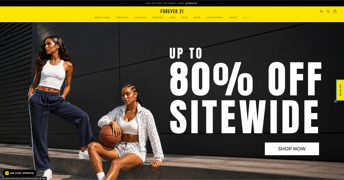 A screenshot of the Forever 21 website homepage showing two models in athletic wear against a dark wall with large promotional text reading 'UP TO 80% OFF SITEWIDE' and a 'SHOP NOW' button.